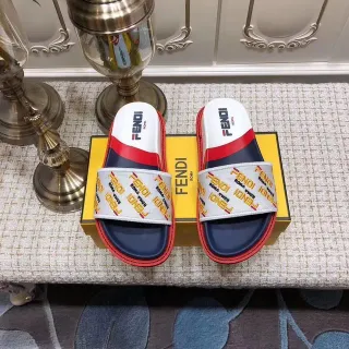 Fendi FF Logo Slide White Navy Red Slippers