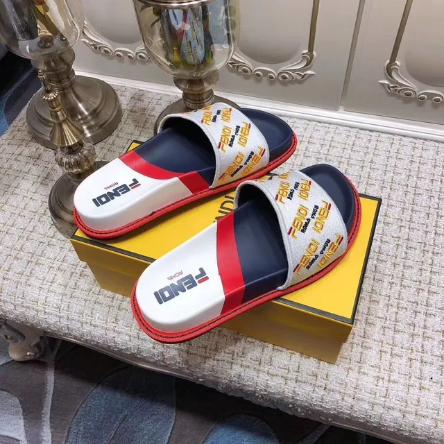 Fendi FF Logo Slide White Navy Red Slippers 2