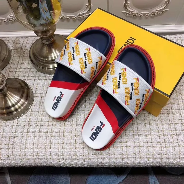 Fendi FF Logo Slide White Navy Red Slippers 3
