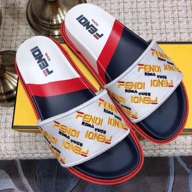 Fendi FF Logo Slide White Navy Red Slippers 4