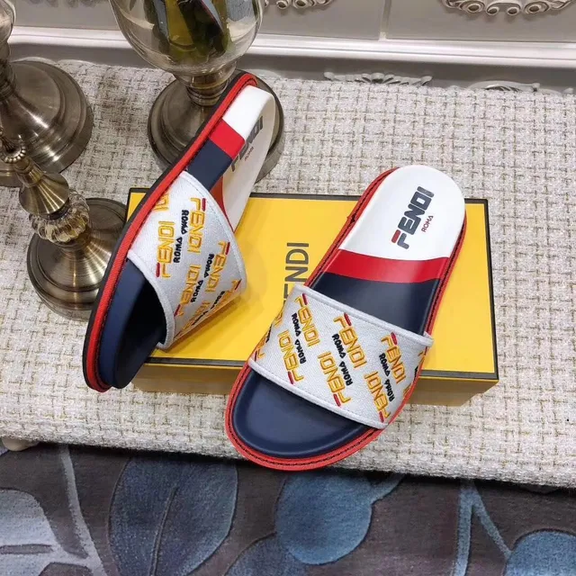 Fendi FF Logo Slide White Navy Red Slippers 5