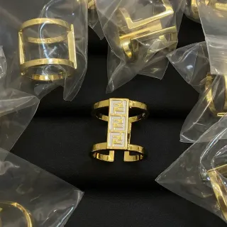 Fendi FF Logo White Enamel Gold-Tone Open-Frame Ring