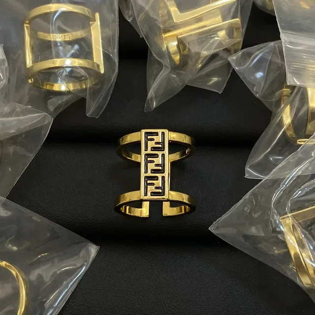 Fendi FF Logo White Enamel Gold-Tone Open-Frame Ring 2