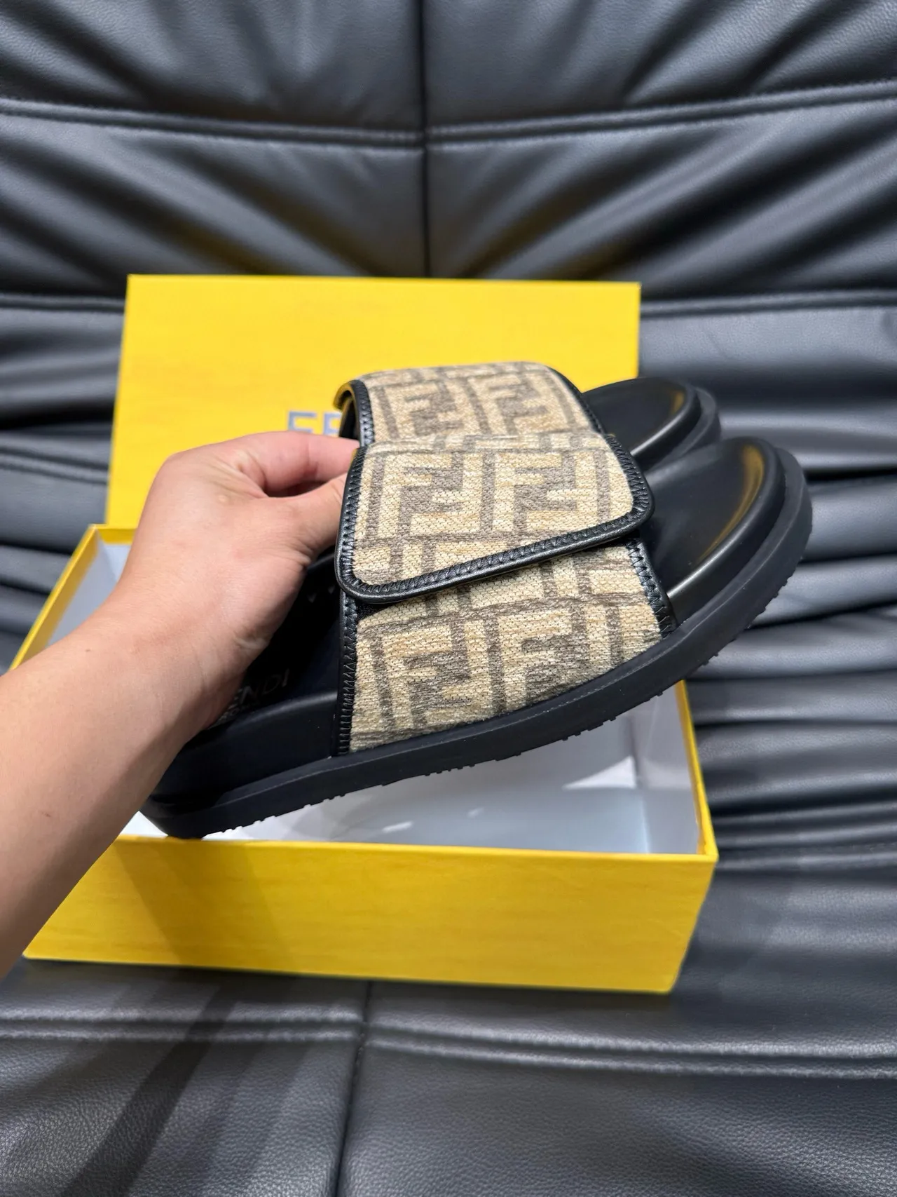 Fendi FF Monogram Canvas Strap Black Sole Slippers 6