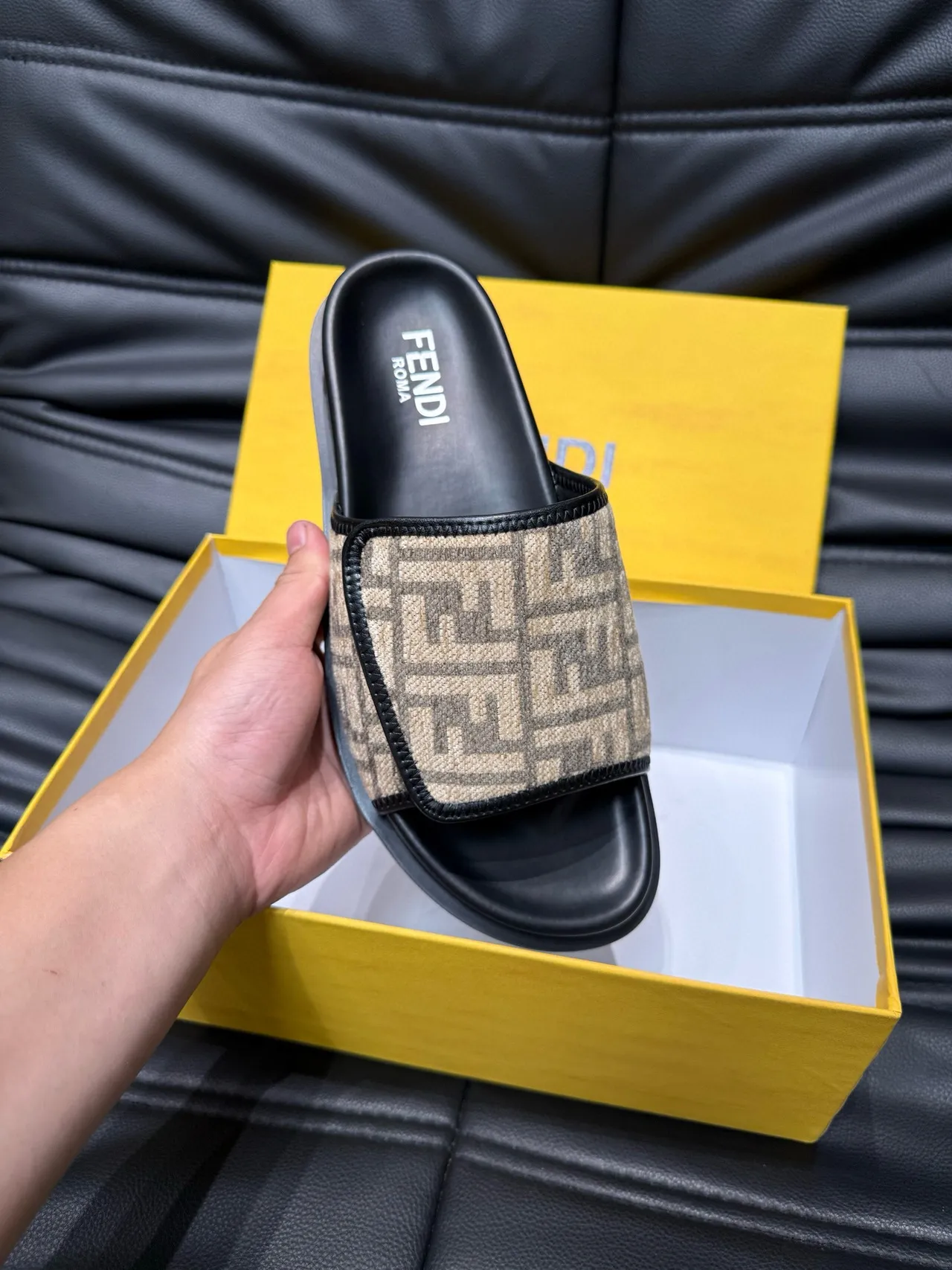 Fendi FF Monogram Canvas Strap Black Sole Slippers 7