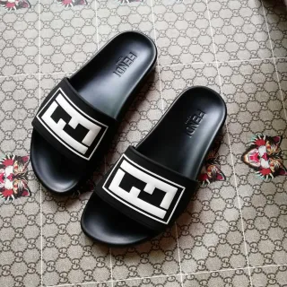 Fendi FF Slide Black and White Rubber Slippers