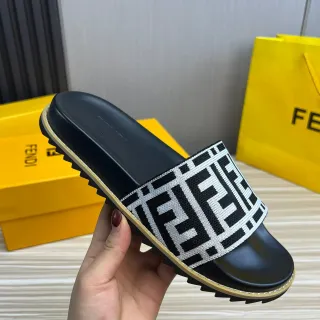 Fendi FF Slide Black White Monogrammed Woven Strap Rubber Sole Slippers