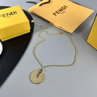 Fendi Gold Curb Chain Circular Disc Pendant Necklace