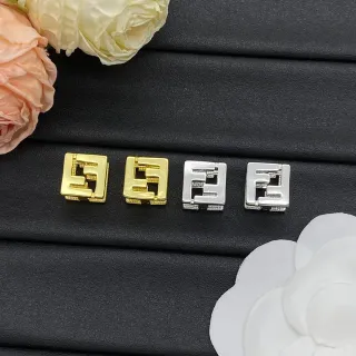Fendi Gold Silver Square-Shaped Interlocking FF Logo Earrings