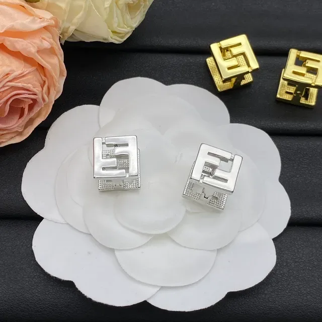 Fendi Or Argent Carré interlocking FF Logo Boucles d'oreilles 5