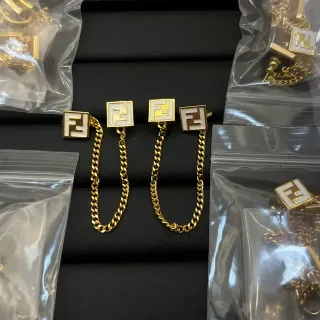 Fendi Gold White Square Logo Studs Enamel Inlay Earrings
