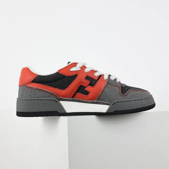 Fendi Cinza Vermelho Oversized FF Logo Painéis de Lona e Couro em Camadas Lifestyle Sneakers 7