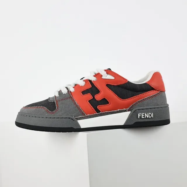 Fendi Cinza Vermelho Oversized FF Logo Painéis de Lona e Couro em Camadas Lifestyle Sneakers 9