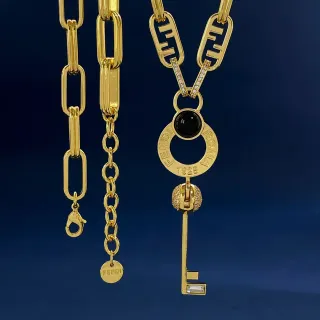 Fendi Key Gold Black Link Chain FF Logo Motif Necklace