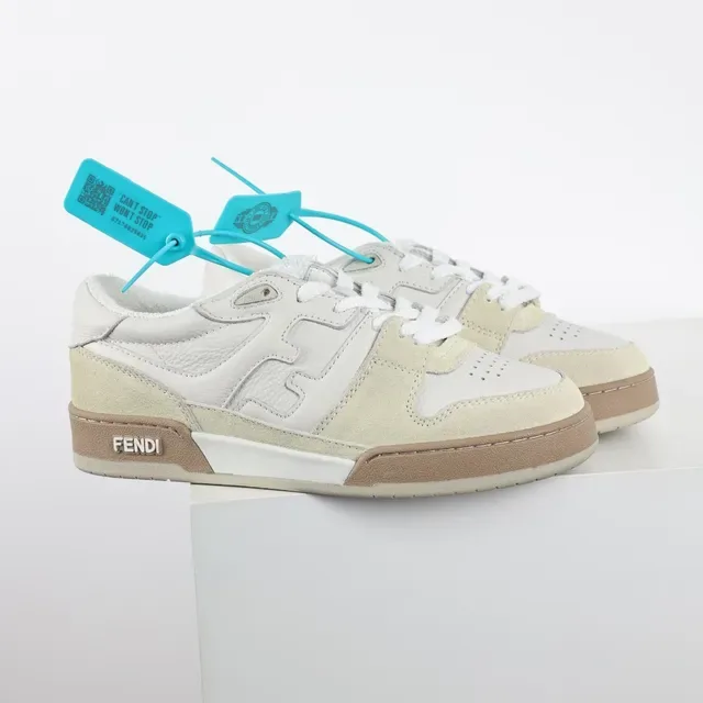 Fendi Tênis Lifestyle Bege Marrom Camada Camurça E Couro Superior Painel Lateral FF-Motif Tênis Lifestyle 3