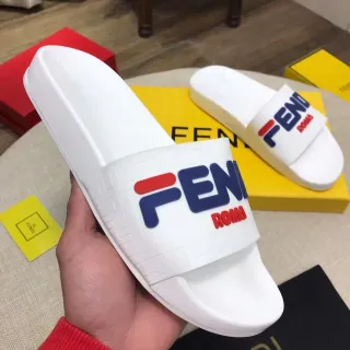 Fendi Slide White Red Blue Logo Slippers