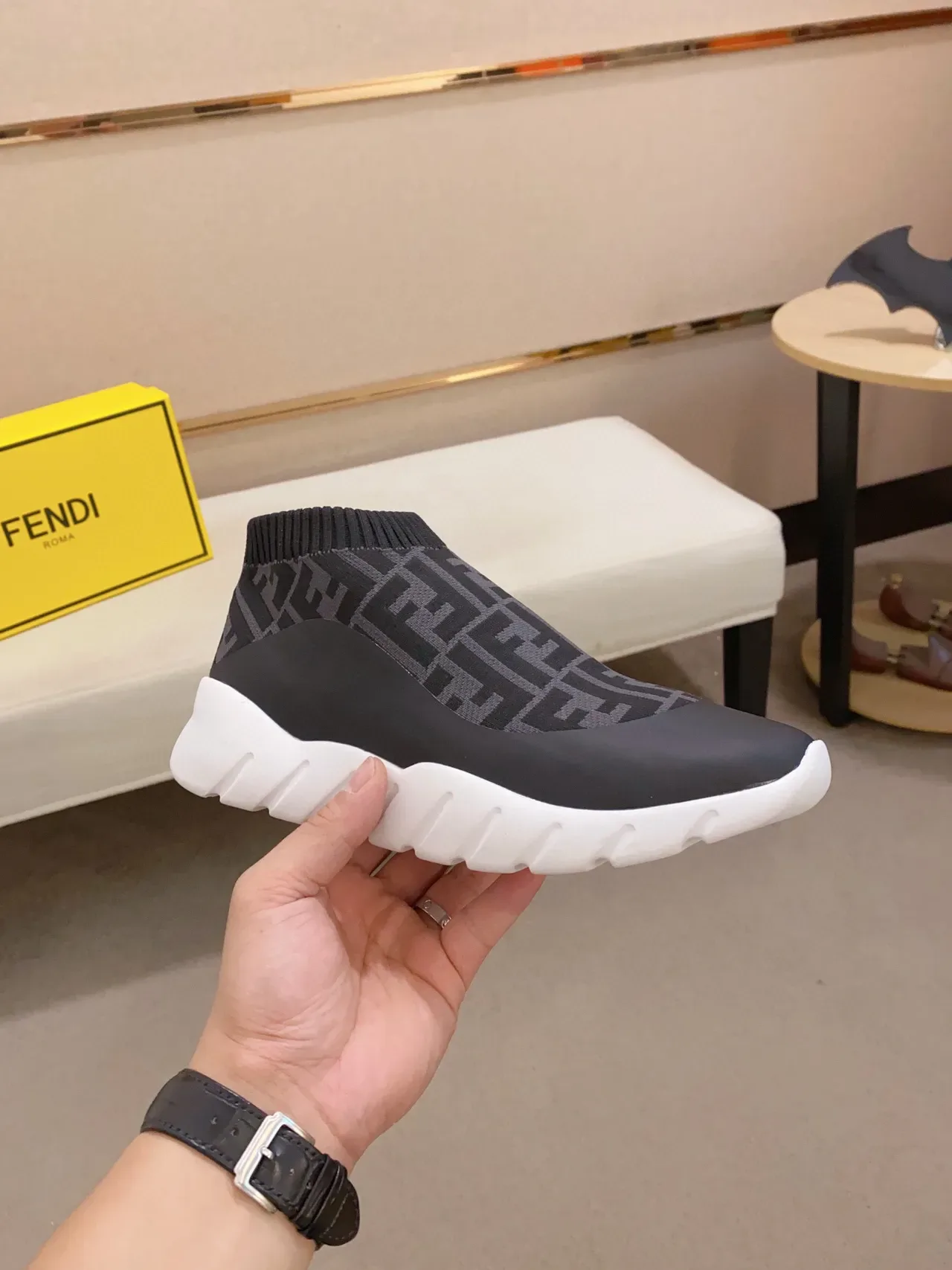 Fendi Speed Trainer Tênis Preto FF Monogram Estilo Meia Chunky 7