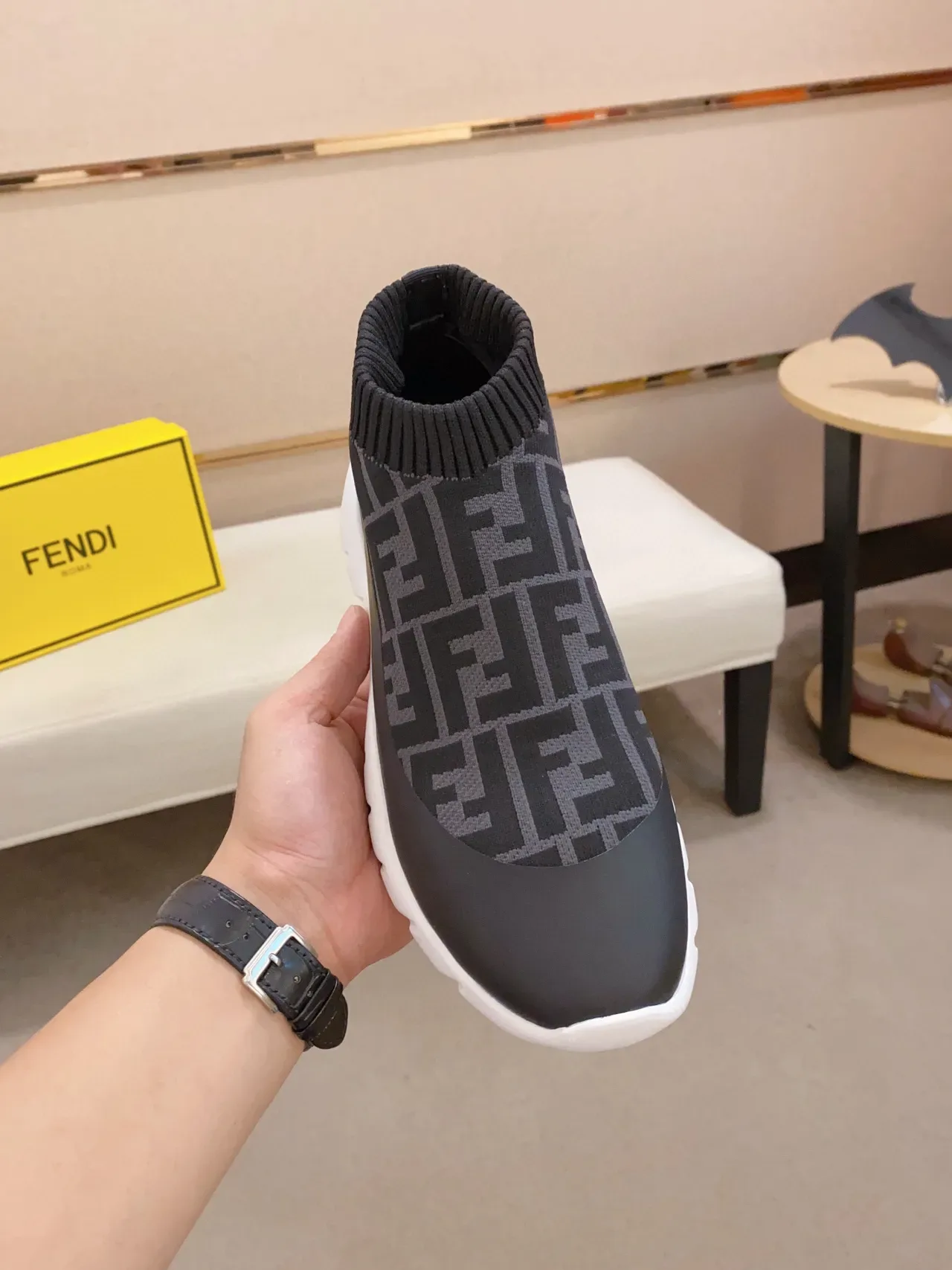Fendi Speed Trainer Tênis Preto FF Monogram Estilo Meia Chunky 9