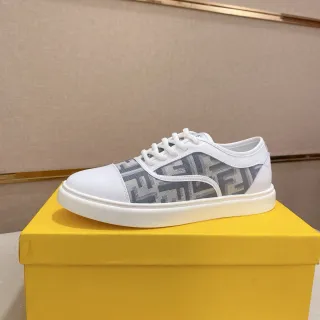 Fendi White Gray Monogram-Print Side Panels Leather Toe Cap Lifestyle Sneakers