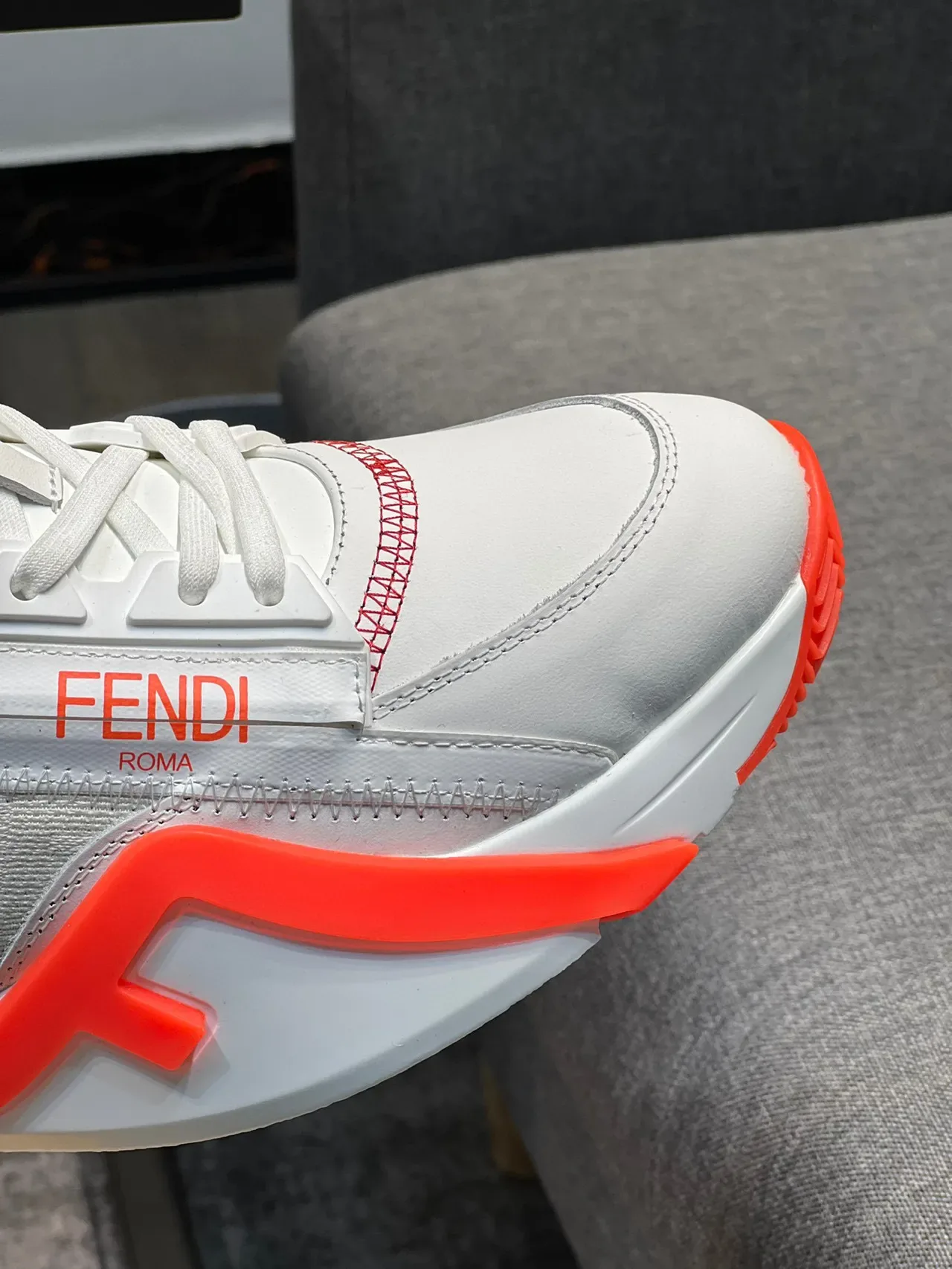 Fendi White Orange Zipper-Closure FF-Motif Midsole Lifestyle Sneakers 3