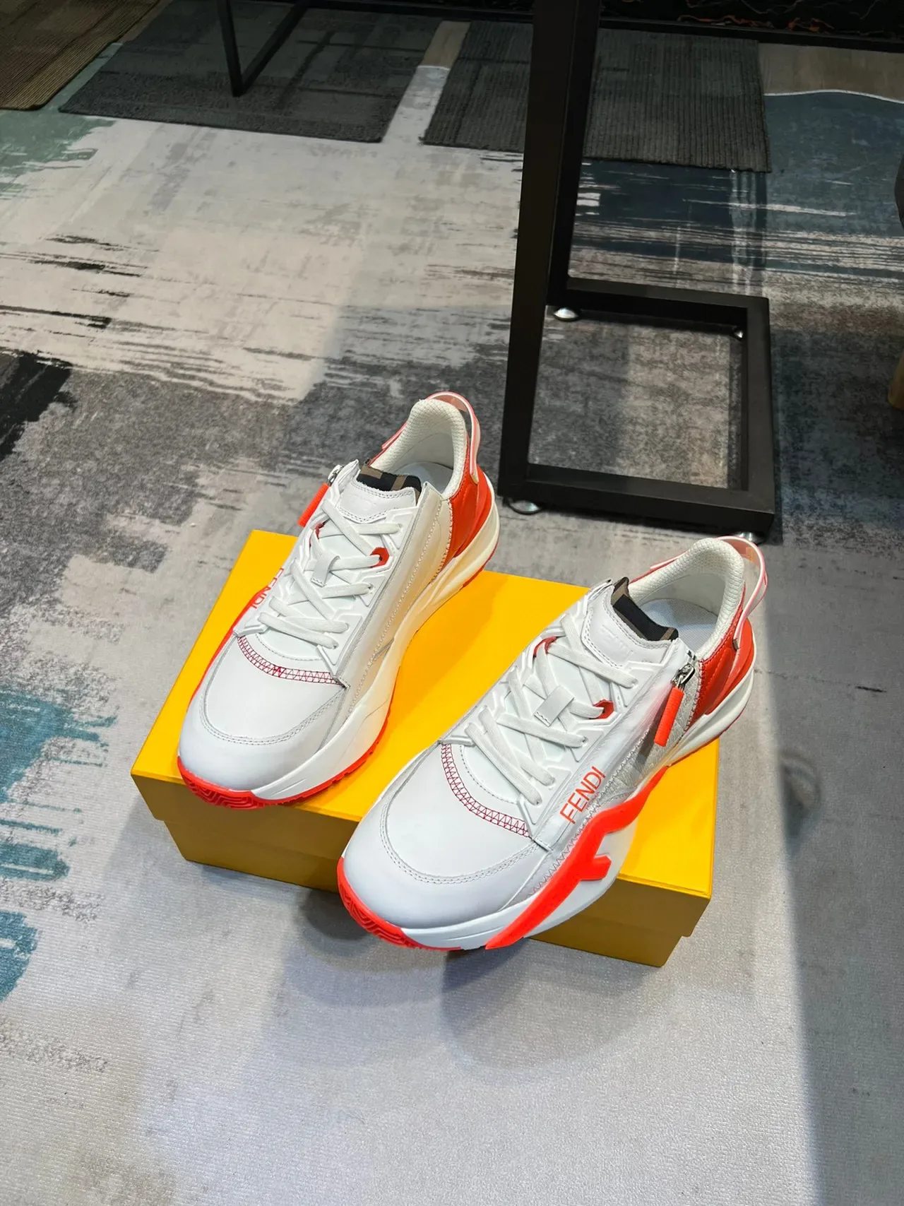 Fendi White Orange Zipper-Closure FF-Motif Midsole Lifestyle Sneakers 5