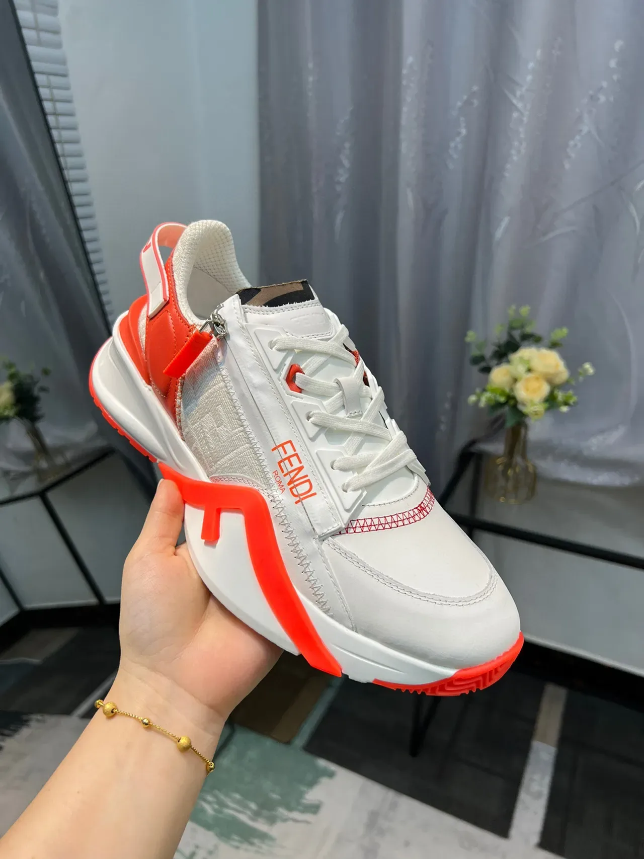 Fendi White Orange Zipper-Closure FF-Motif Midsole Lifestyle Sneakers 6