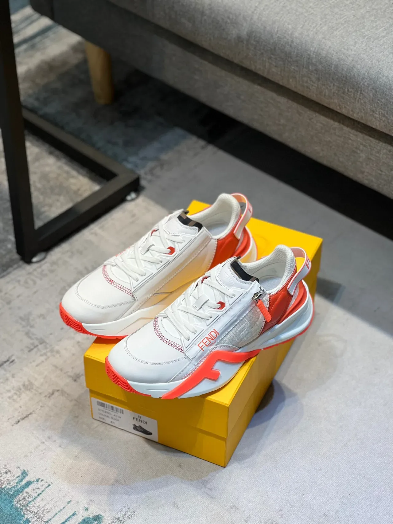 Fendi White Orange Zipper-Closure FF-Motif Midsole Lifestyle Sneakers 7