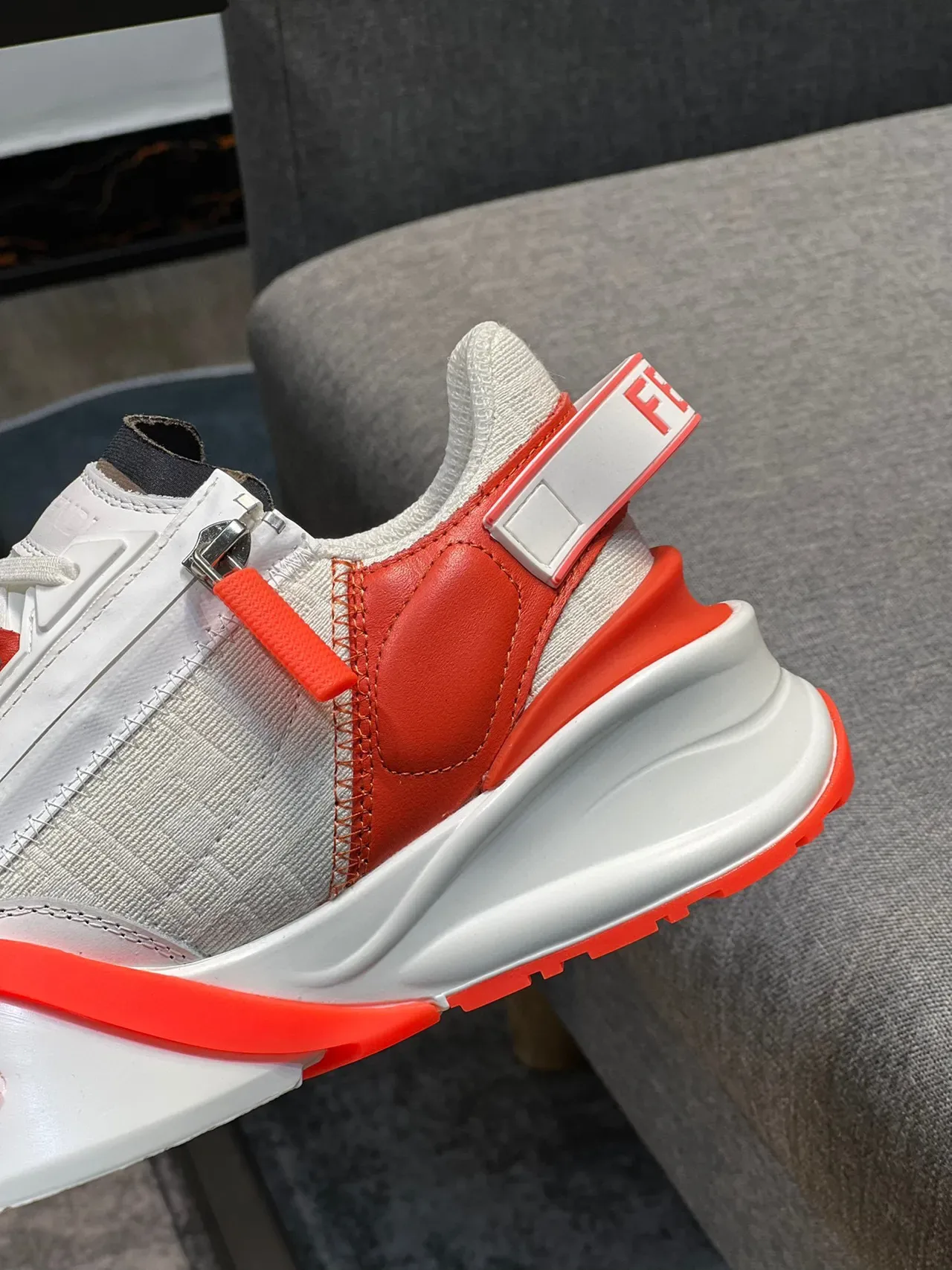 Fendi White Orange Zipper-Closure FF-Motif Midsole Lifestyle Sneakers 8
