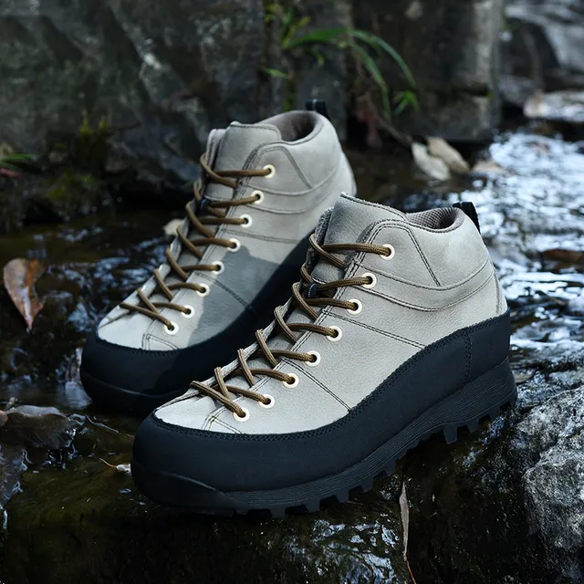 Beige and Black Mid-Cut Lace-Up Hiking Boot 10