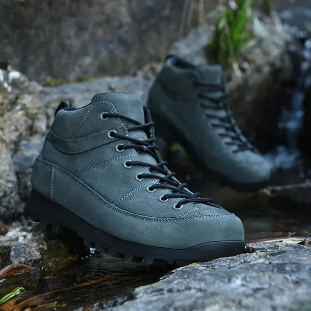 Beige and Black Mid-Cut Lace-Up Hiking Boot 18