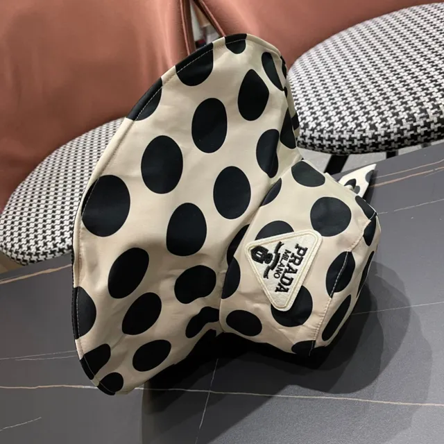 Beige and Black Polka Dot Bow-Accented Wide-Brimmed Bucket Hat 2