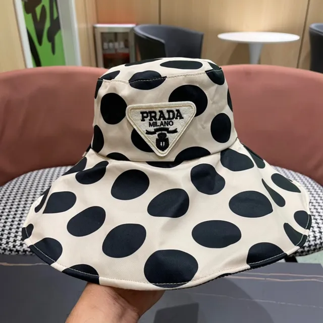 Beige and Black Polka Dot Bow-Accented Wide-Brimmed Bucket Hat 3