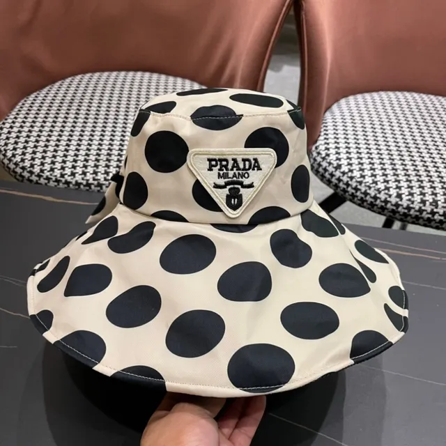 Beige and Black Polka Dot Bow-Accented Wide-Brimmed Bucket Hat 4