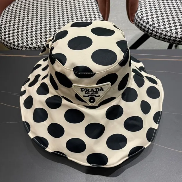 Beige and Black Polka Dot Bow-Accented Wide-Brimmed Bucket Hat 5