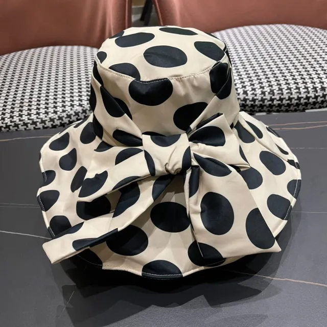 Beige and Black Polka Dot Bow-Accented Wide-Brimmed Bucket Hat 6