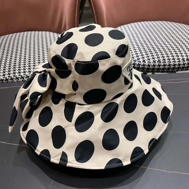 Beige and Black Polka Dot Bow-Accented Wide-Brimmed Bucket Hat 7