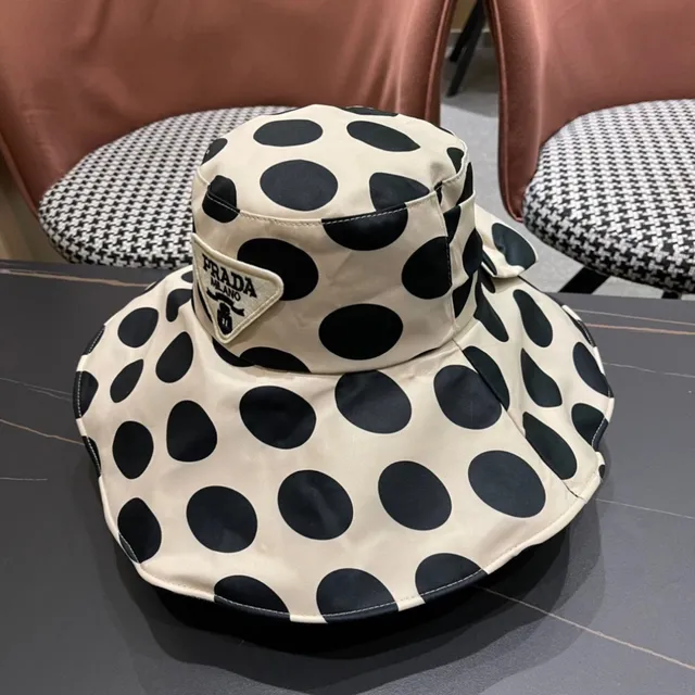 Beige and Black Polka Dot Bow-Accented Wide-Brimmed Bucket Hat 8