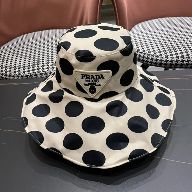 Beige and Black Polka Dot Bow-Accented Wide-Brimmed Bucket Hat 9