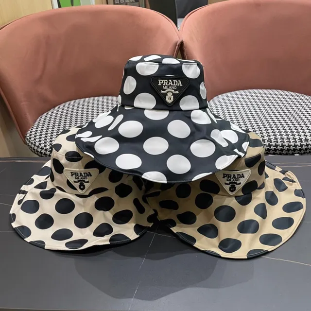 Beige and Black Polka Dot Bow-Accented Wide-Brimmed Bucket Hat 10