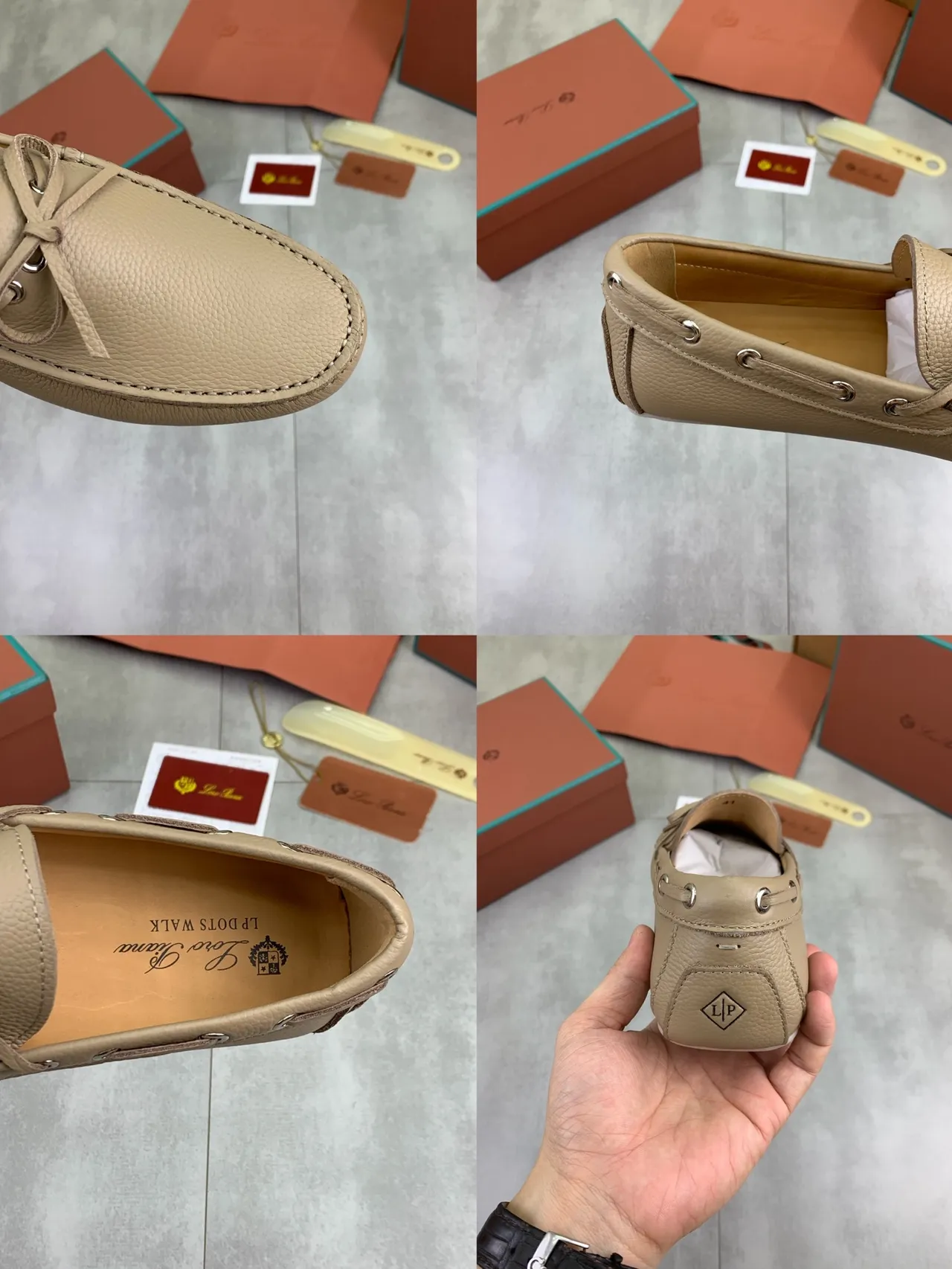 Beige Pebbled Leather Bow-Knot Loafers 2