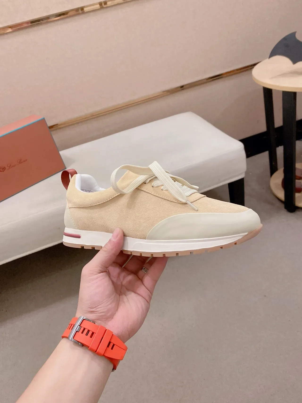 Beige Red Suede Upper Contrast Toe Cap Sneakers 5