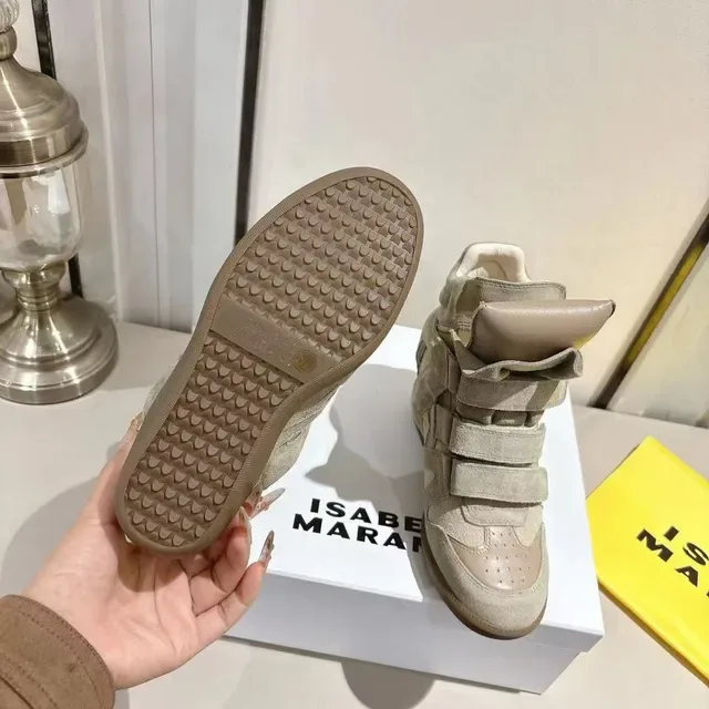 Beige Suede Strap-Closure Wedge High-Top Lifestyle Sneakers 2