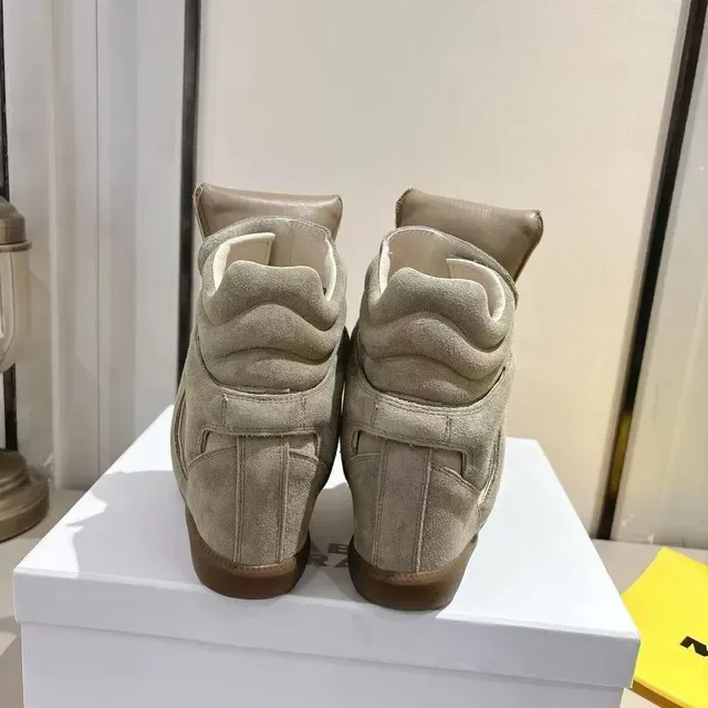 Beige Suede Strap-Closure Wedge High-Top Lifestyle Sneakers 3