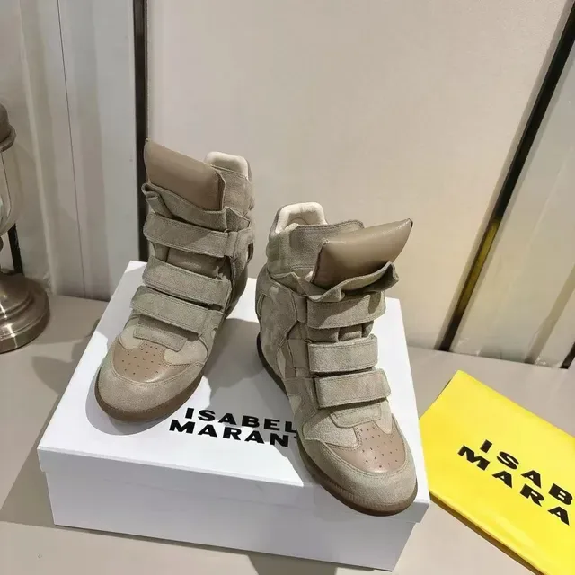Beige Suede Strap-Closure Wedge High-Top Lifestyle Sneakers 4