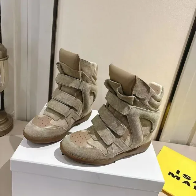 Beige Suede Strap-Closure Wedge High-Top Lifestyle Sneakers 5