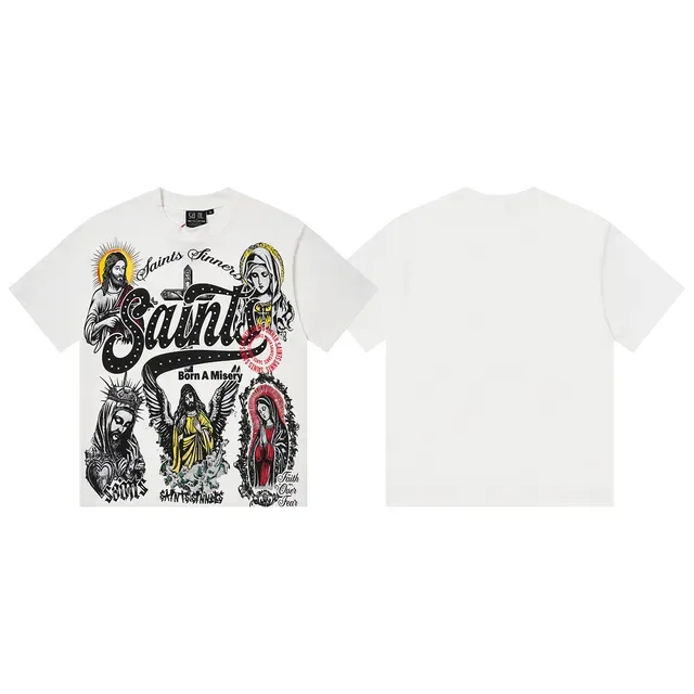Beige White Oversized Fit Multi-Figure Religious Iconography Print T-Shirt 3