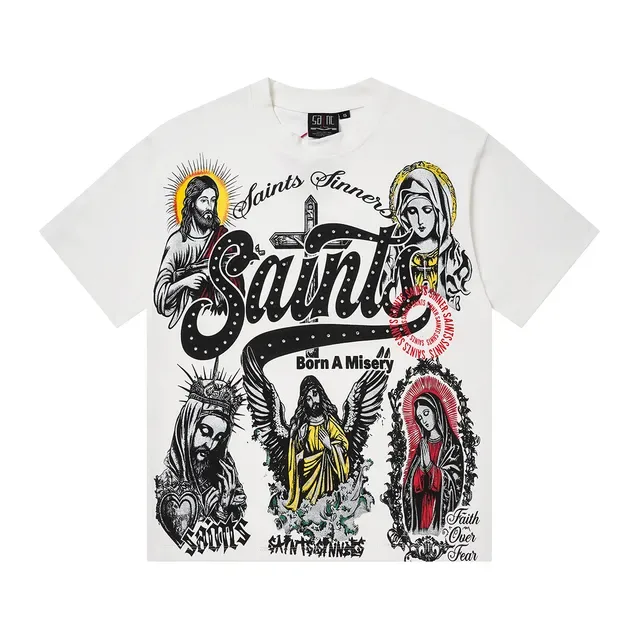 Beige White Oversized Fit Multi-Figure Religious Iconography Print T-Shirt 4