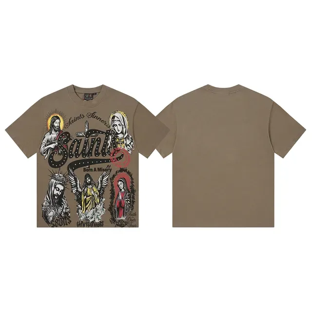 Beige White Oversized Fit Multi-Figure Religious Iconography Print T-Shirt 6