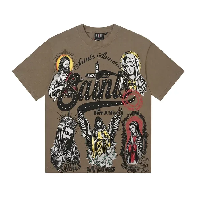 Beige White Oversized Fit Multi-Figure Religious Iconography Print T-Shirt 7