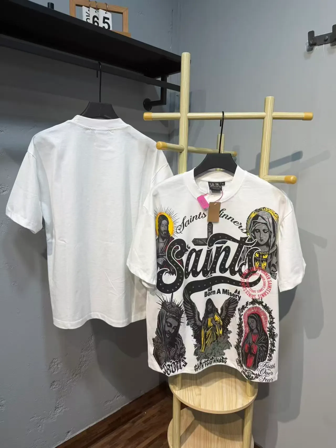 Beige White Oversized Fit Multi-Figure Religious Iconography Print T-Shirt 9